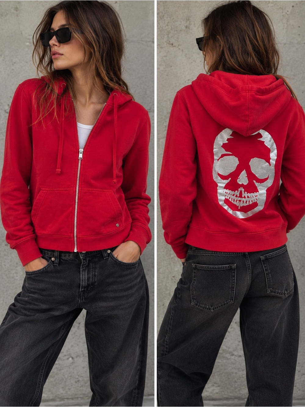 Zadig & Voltaire Comfy Foil Skull Red Zip Hoodie Size S